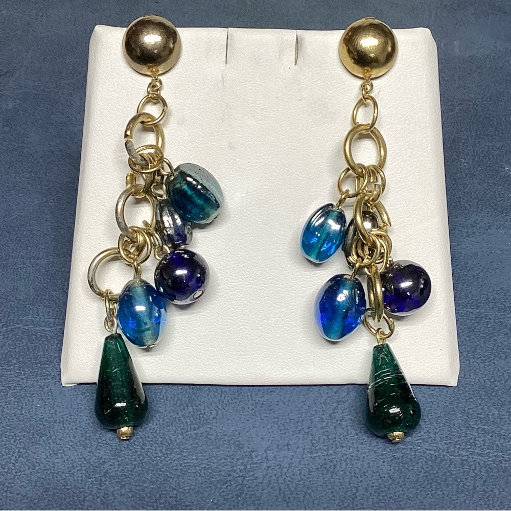Faux Gold & Multi Colored Glass Bead Dangle Drop Earrings Beach Glass Colors